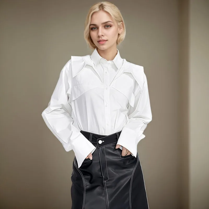 DEAT Fashion Shirt Women's Double Layer Collar Patchwork Single Breasted Side Slit Solid Color Designe Blouse New Tide 1DF3942