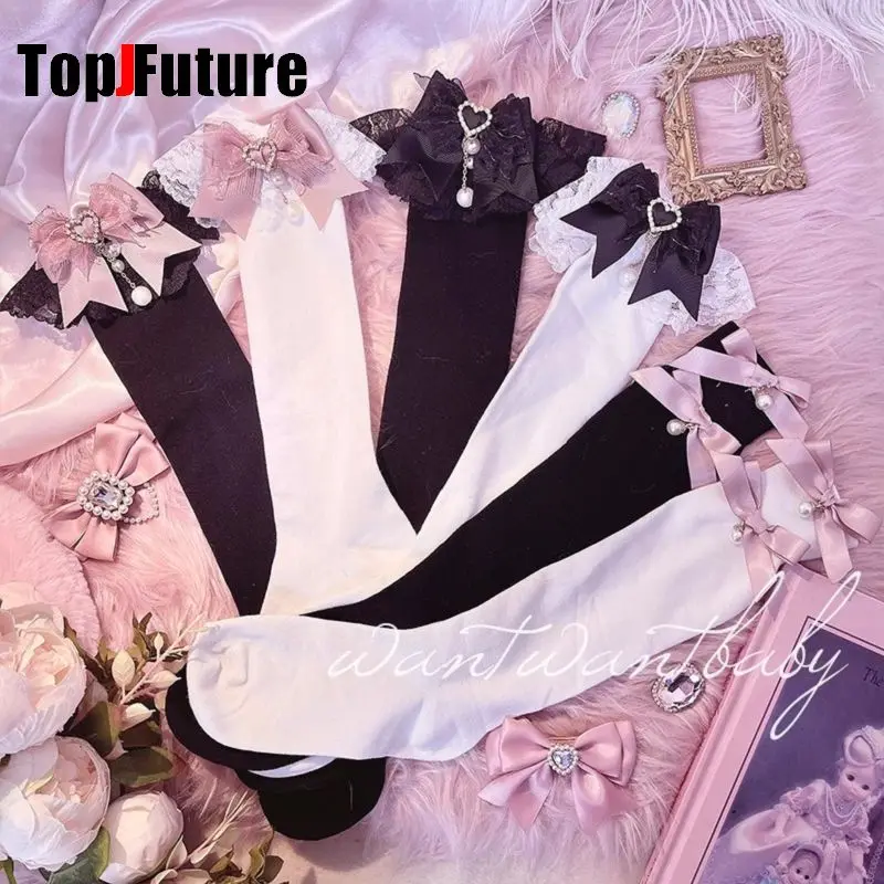 Millennium Y2K Girl Bow Stocking Short Socks Mid Socks for Women Spring and Summer Lolita Lace Ruffle Uniform Stockings Socks