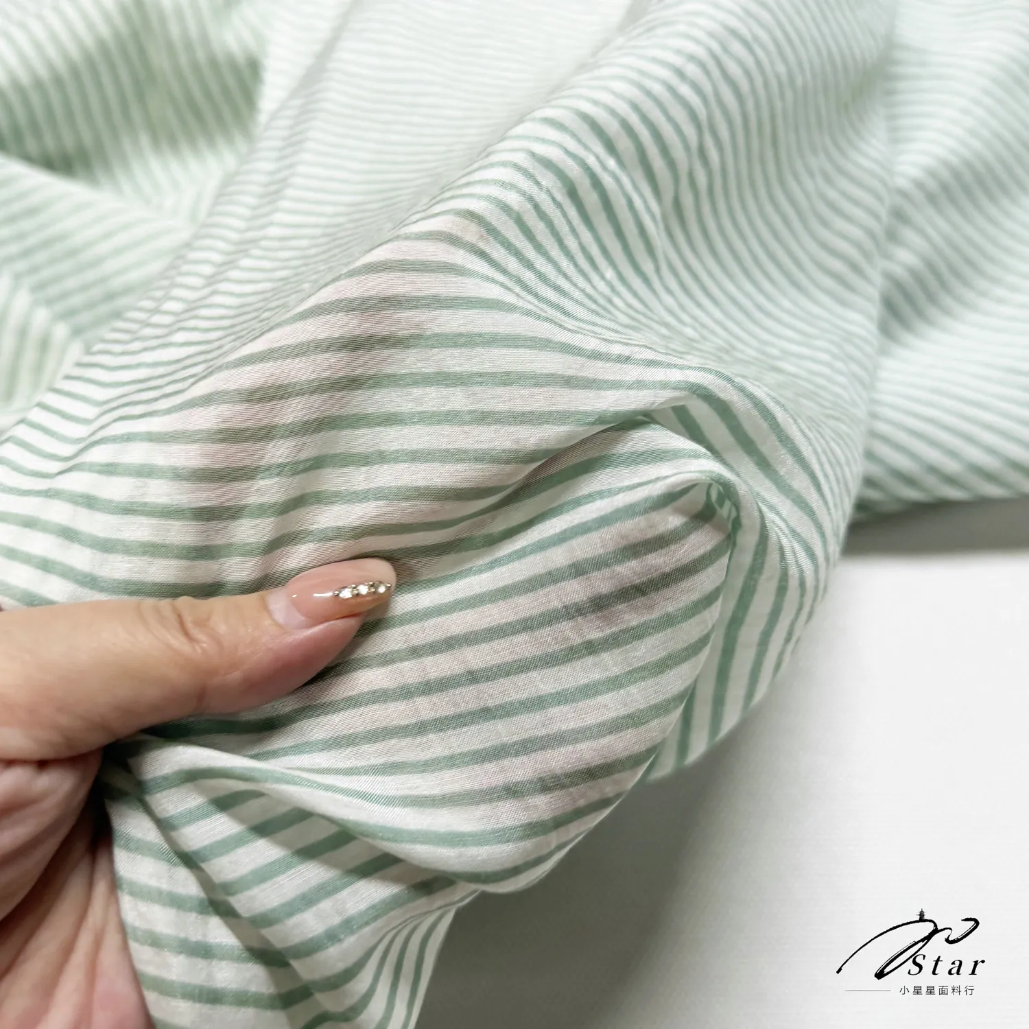 Slightly See-through Thin Light Green Horizontal Stripes 50% Silk Satin Cotton Silk Cotton Fabric Shirt DIY Handmade Fabric