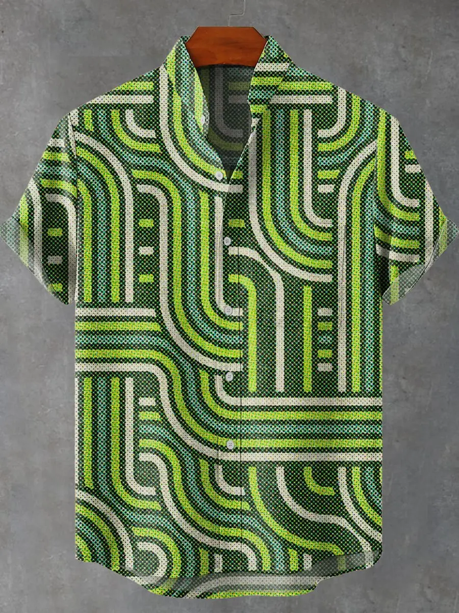 3D retro pink poppy print casual fashion button short sleeved men's linen shirt suitable for casual play