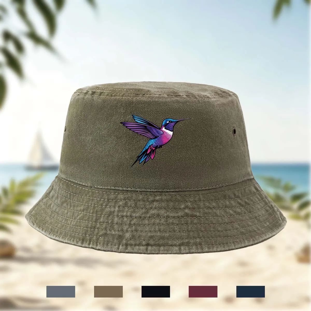 High-Quality Printed Purple Hummingbird Pattern Fisherman Hat Trucker Hat Fishing Hat All-Season Unisex Bucket Hat Hip-Hop Hat T