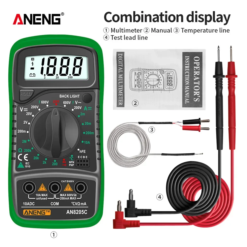 ANENG AN8205C Multimetro digitale AC/DC amperometro Volt Ohm Tester Multimetro con termocoppia LCD retroilluminazione portatile