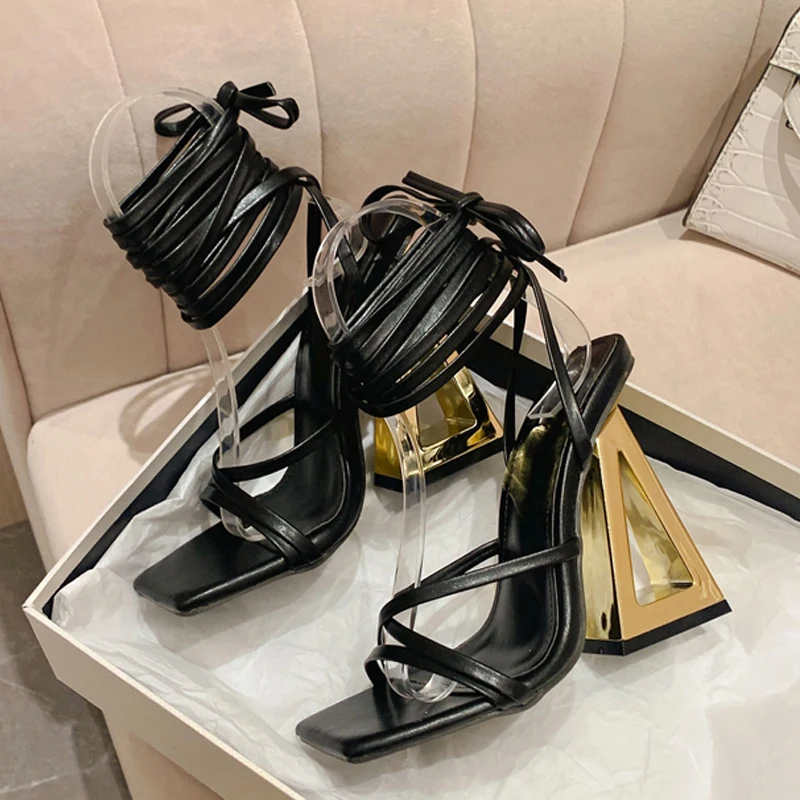 Liyke New Style Chic Triangle Thick Heels Gladiator Sandals Women Summer Sexy Street Square Toe Cross-Tied Dress Party Gold Shoe