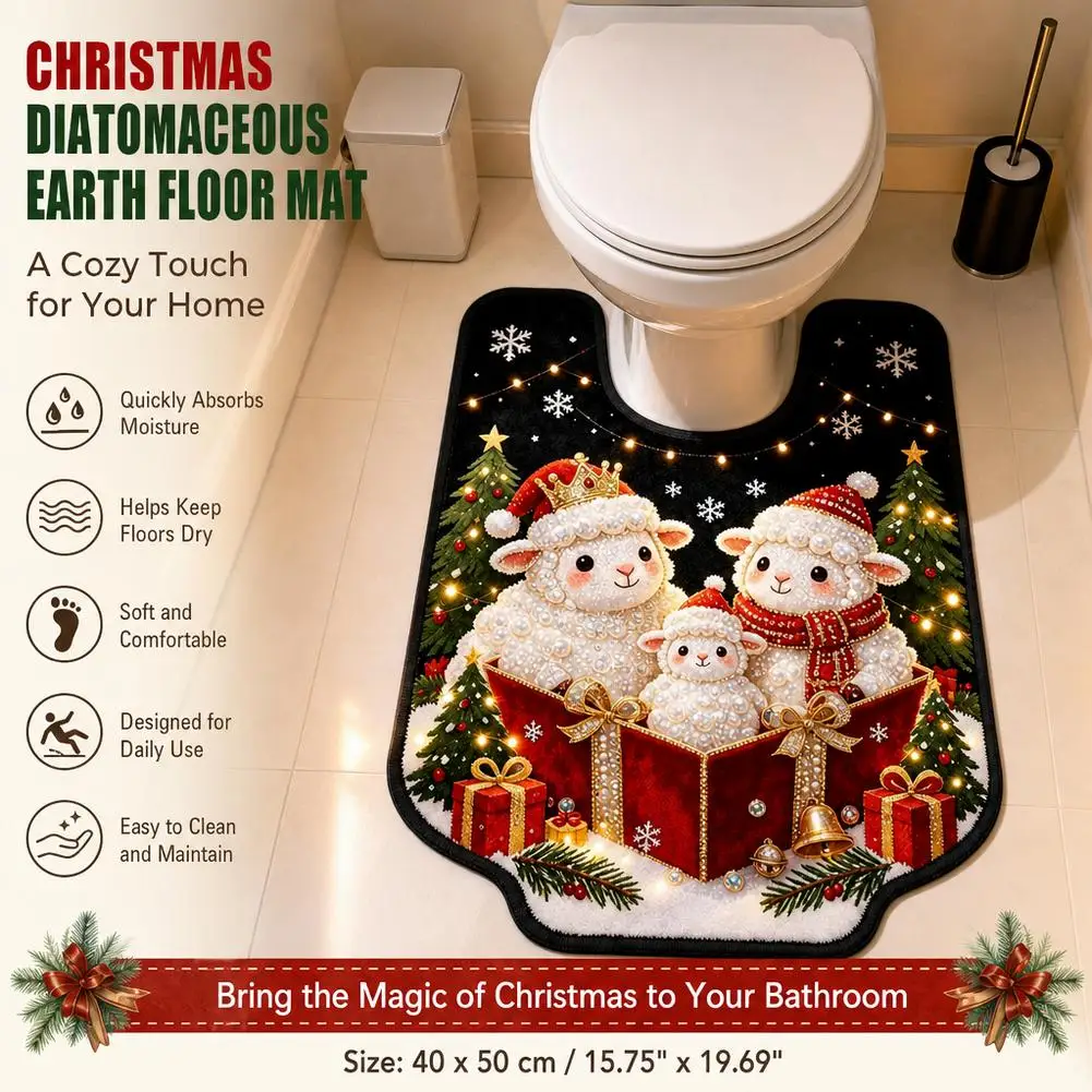 Christmas U-Shaped Diatomaceous Earth Toilet MatUltra-Thin Non-Slip Absorbent Bath Rug with Festive Holiday Design for Guest
