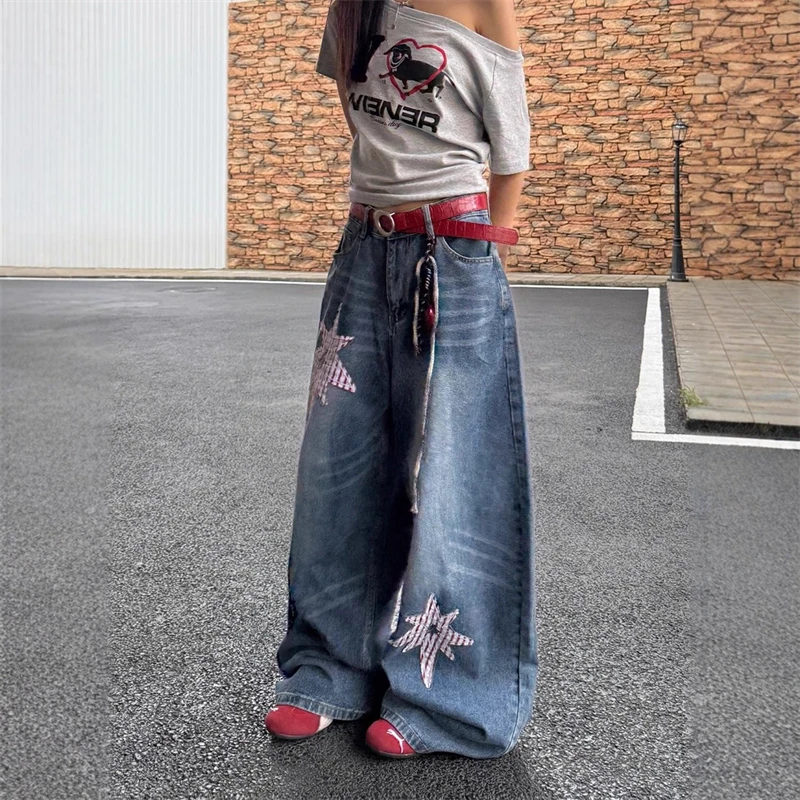 

Женские ретро-звездные нашивки с кошачьими усами, изогнутые широкие джинсовые брюки, персонализированные брюки, крутые повседневные штаны для девочек, женские джинсы