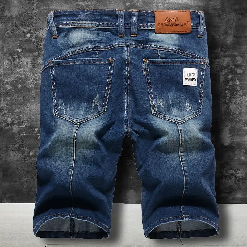 2025 Summer Elastic Ripped Denim Bermuda Shorts Men's Straight Slim-fit Splicing Student Short Jeans Men's Medium Half Pants