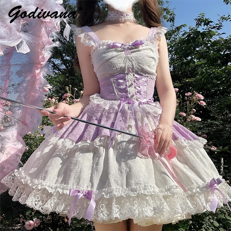 

Оригинальный дизайн, новое летнее женское платье феи принцессы Лолиты, кружевное платье с бантом и милыми цветами, свадебные платья JSK на бретельках