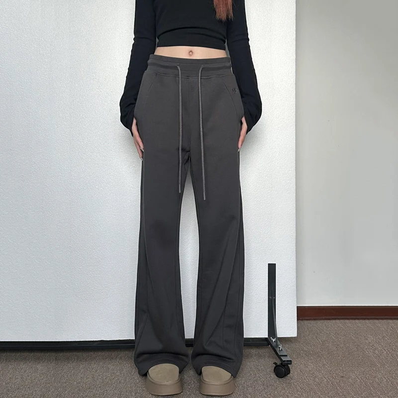 Rimocy American Gray Slim Pants Straight Pants Women Casual Drawstring Wide-leg Sweatpants Woman High Waist Loose Trousers Mujer