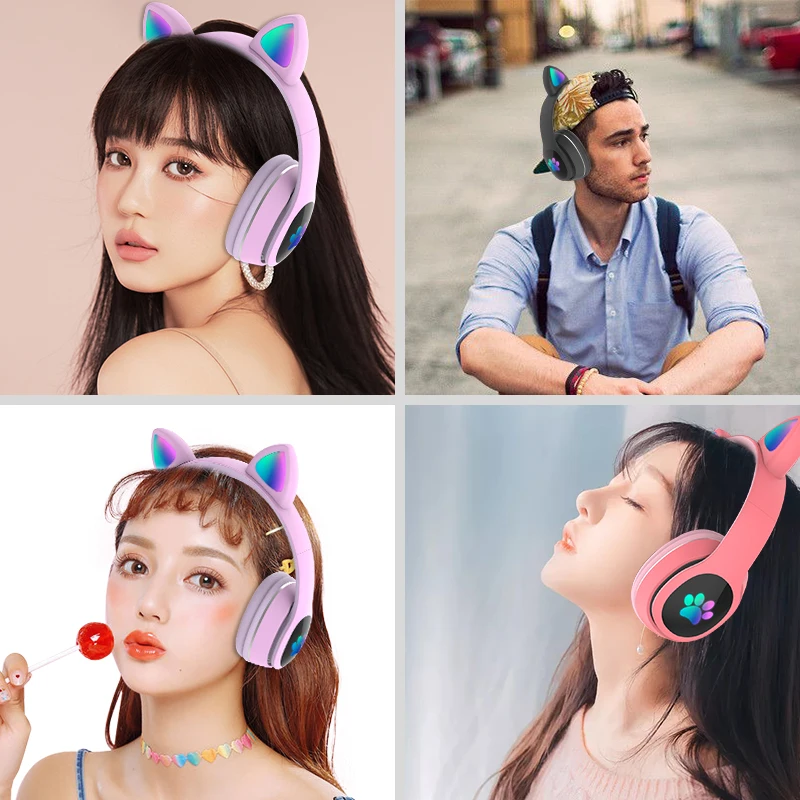 Flash Light Cute Cat Ear Headphones Wireless with Mic Can close LED Kids Girls Stereo Phone Music Bluetooth Headset Gamer Gift