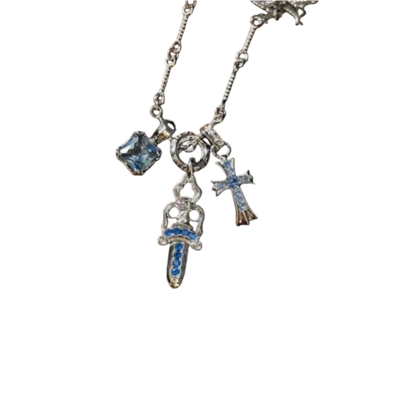 

Sterling Silver Blue Topaz-Embellished Sword & Cross Pendant Necklace: Sleek Dark-Chic Statement Piece