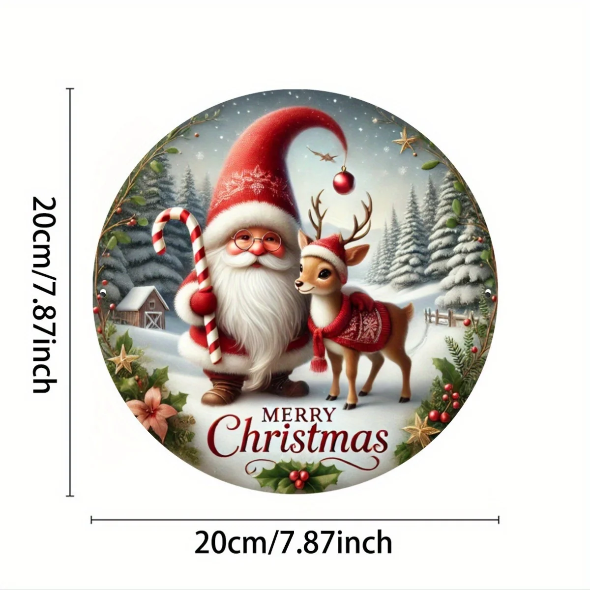 Christmas Reindeer and Gnome Metal Sign Art, 7.8 Inch Round Iron Wall Decor with Seasonal Greetings, Festive Wreath Design for H