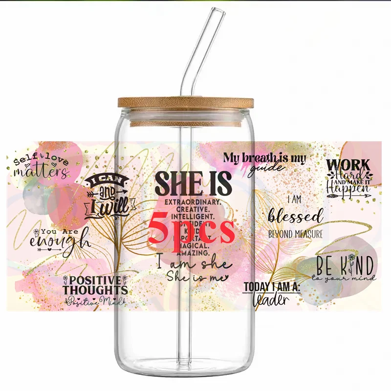 5pcs UV DTF Transfer Sticker For 16oz Libbey Glass Cups Wrap Transfer Stickers Waterproof Bottle Adhesive Sticker