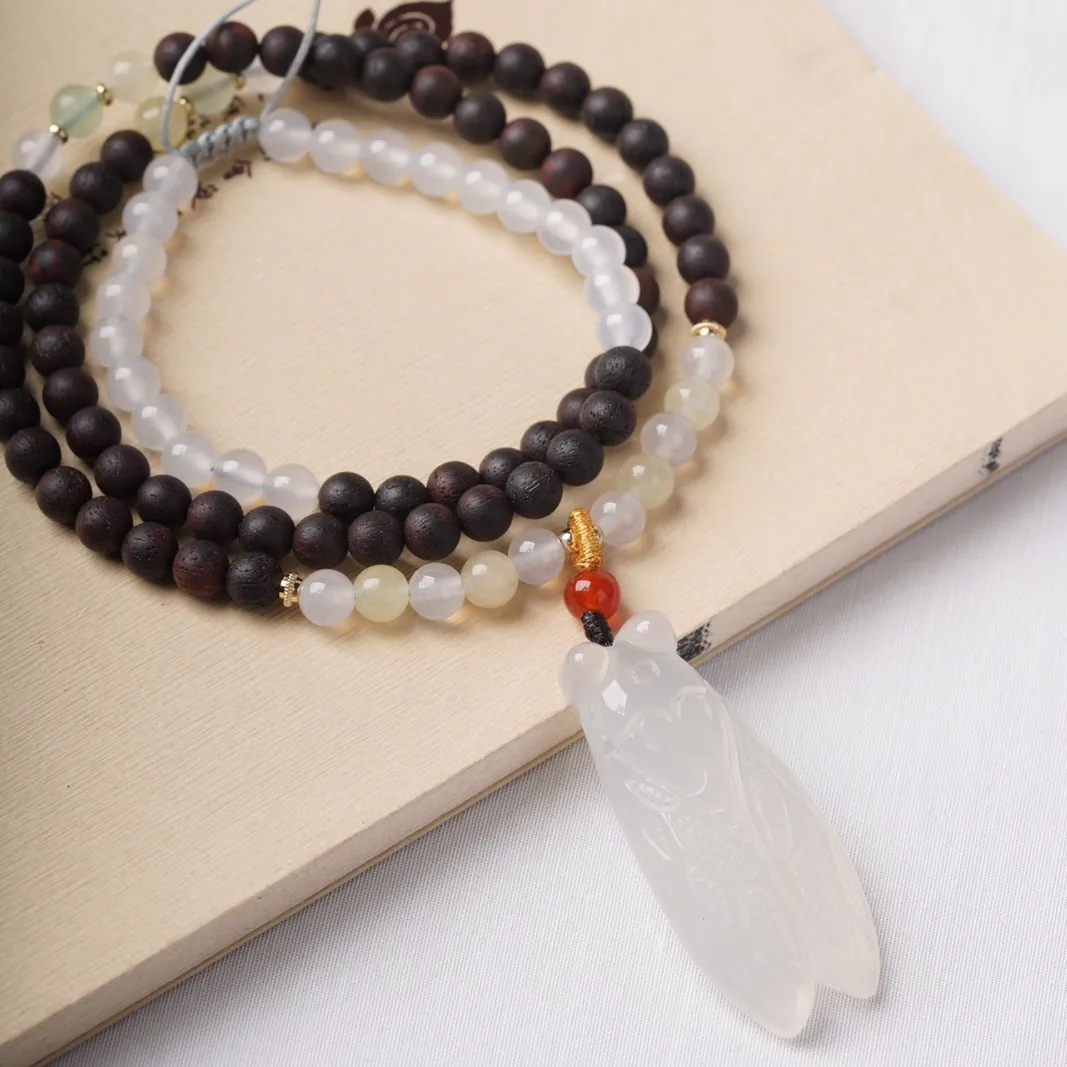Natural Chinese Style Dalbergia Odorifera Necklace with White Jade Cicada Niche Design Neckwear for Men and Women Gifts