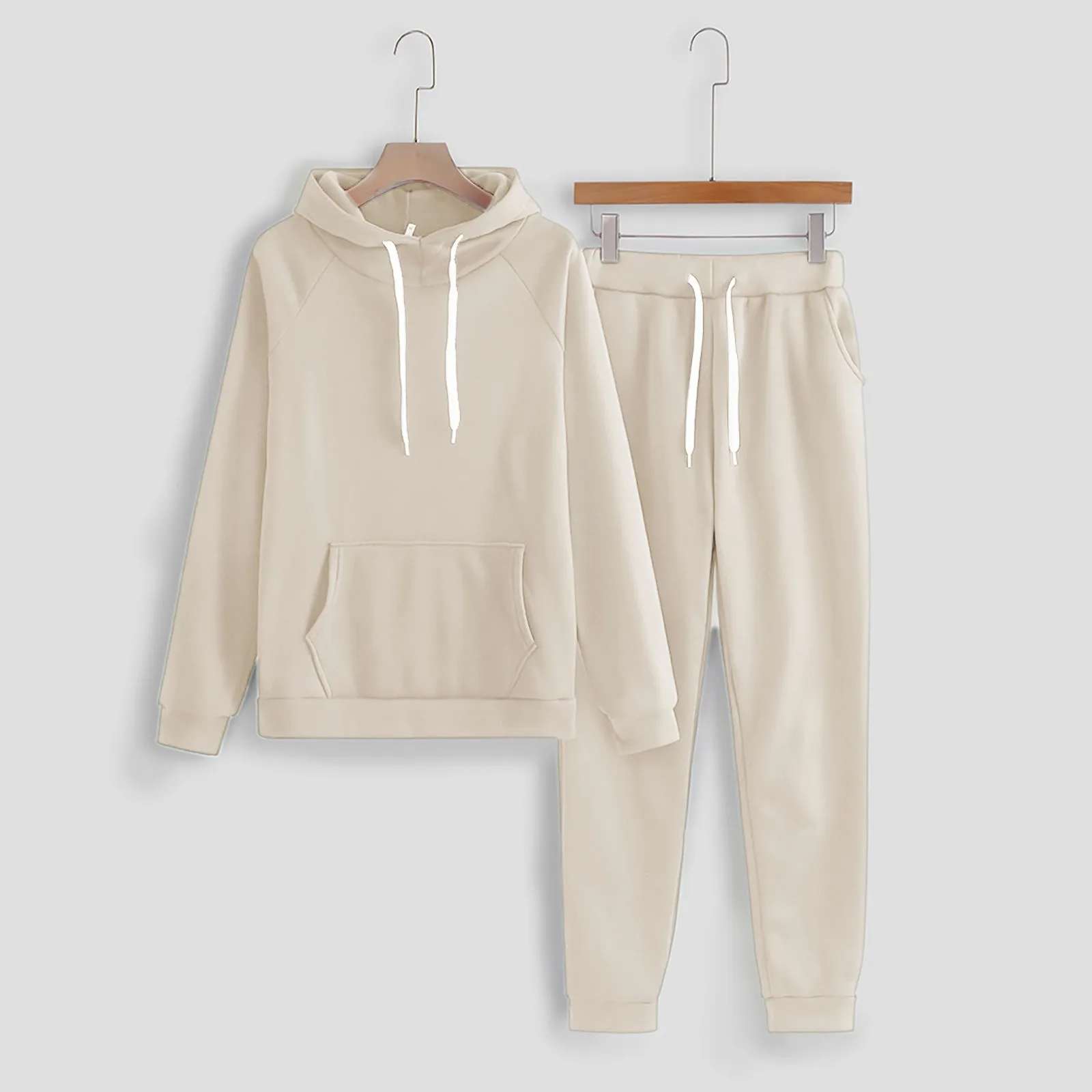 Solid Color Sweatshirts 2 Piece Set Fall Long Sleeve Hoodies Pullover+Sweatpants Warm Fleece Trouser Sets Women Oversize Clothes