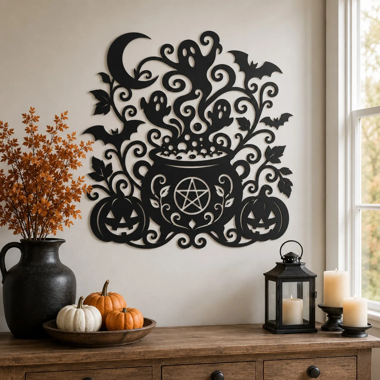 CIFBUY 1pc Metal Witch Cauldron Wall Art Pentagram Bat Pumpkin Crescent Moon Black Hollow Hanging Sign  Indoor Wall Decor