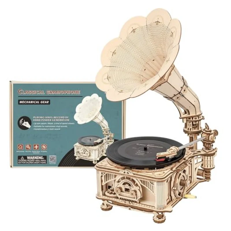 Robotime Rokr 3 Speed Gramophone 3D Wooden Puzzles Model Building Kit 424Pcs DIY Wood Craft Kit-Room Decor for Men and Women