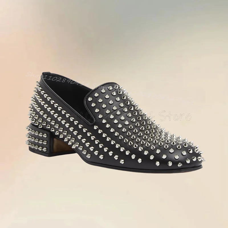 

Silver Spikes Decor Black Matte Leather Loafers Fashion Slip On Men Shoes Luxury Handmade Party Banquet Office Men Dress Shoes