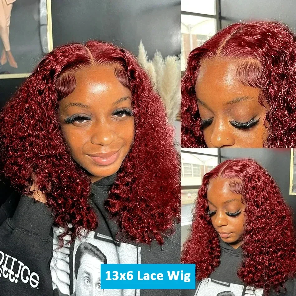 99j Bordeauxrood Bob Krullend Pruiken Diep Water Wave Kant Pruik Menselijk Haar Kort Bob Menselijk Haar Pruiken 13X4 Lace Front Bob Pruiken Vrouw