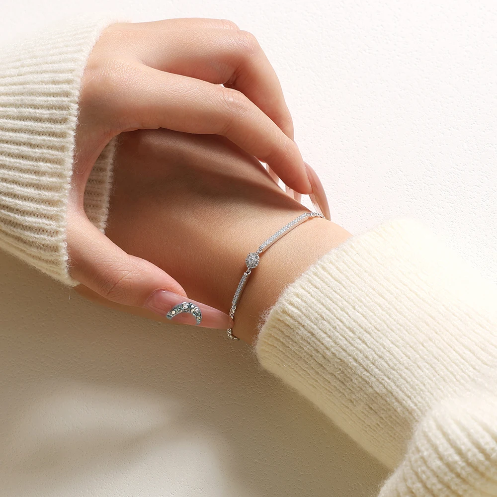 CHARMING Classic Full-Moissanite Dvvs1 round-cut Bracelet adjustable  for Women S925 daily-jewelry Party Birth-Gift Anniversary