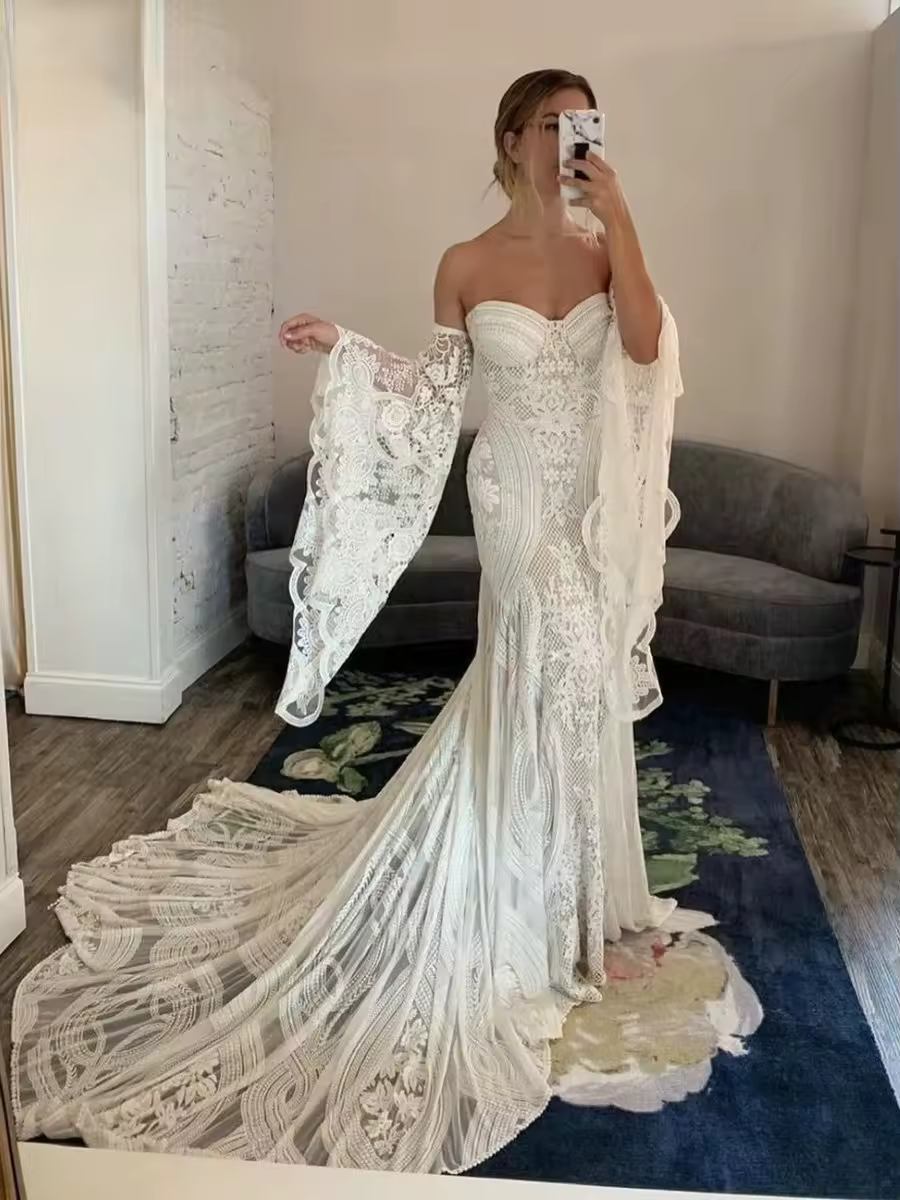 Strapless Sexy Mermaid White Wedding Dress Off The Shoulder Lace Appliques Lace up Back Bridal Gowns For Women Vestido De Novia