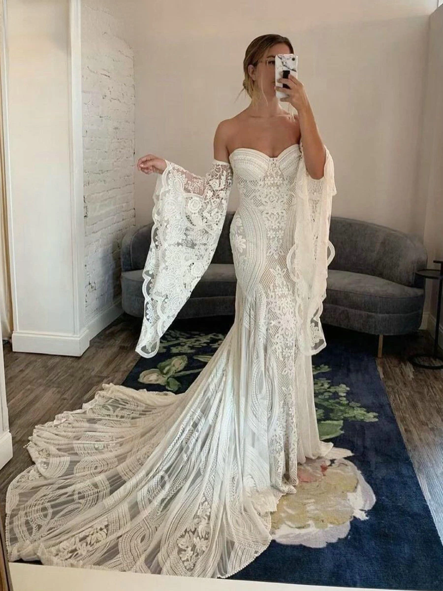 Bez ramiączek seksowna syrena biała suknia ślubna z odkrytymi ramionami koronkowe aplikacje sznurowane suknia ślubna wiązana z tyłu dla kobiet Vestido De Novia