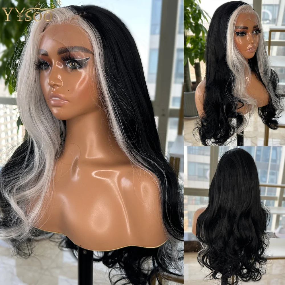 YYsoo Long White With Black Color 13x4 Futura Synthetic Lace Front Wigs For Black Women Pre Plucked Hairline Half Hand Tied Wig