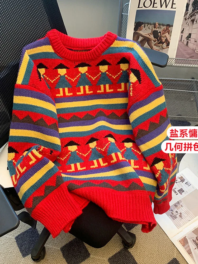 

Christmas Autumn Winter Knitwear Jumper Jacquard O-Neck Long Sleeve Cartoon Print Knitted Pullover 2000s Aesthetic Cashmere Top