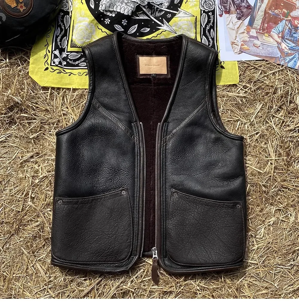 Hoogwaardig Casual Bont Vest.100 % Natuurlijke Schapenvacht Met Wollen Doek. Amerikaanse Retro Lederen Vest, Warme Slijtage. Echt