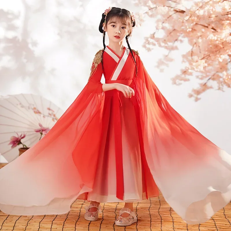 Chinese Girls Red Hanfu Dress Lovely Kids Photography Zither Vintage Children Ancient Fairy Princess Photo Shoot Cosplay Gowns