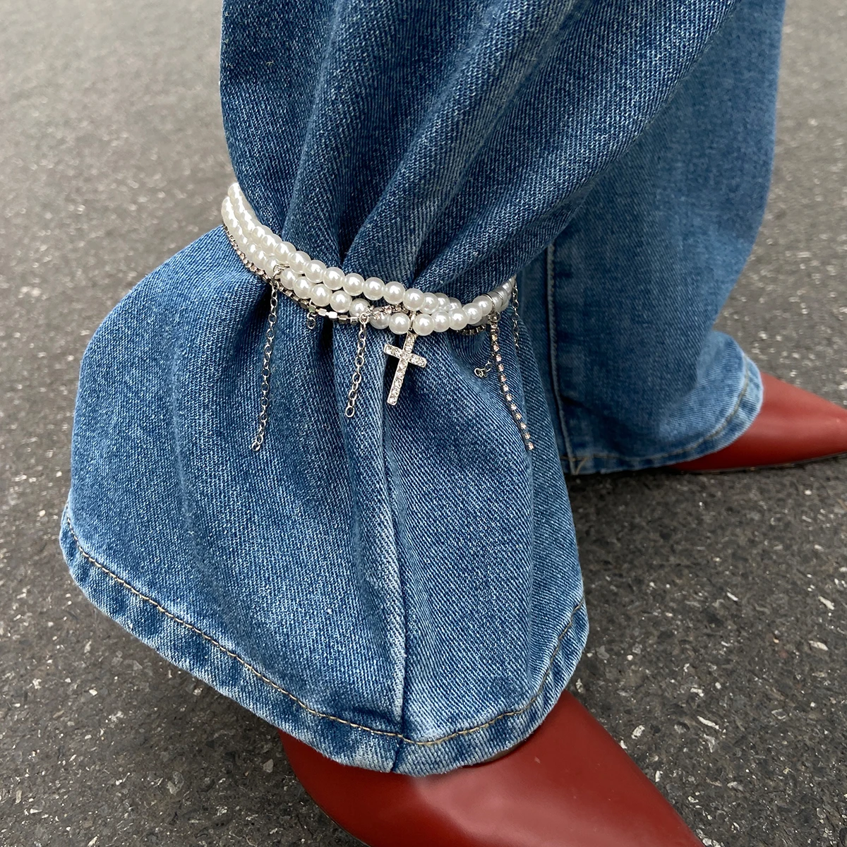 SHIXIN New Fashion Imitation Pearl Chain Anklet Bracelet for Women Bohemian Rhinestone Cross Pendant Anklets Summer Foot Jewelry