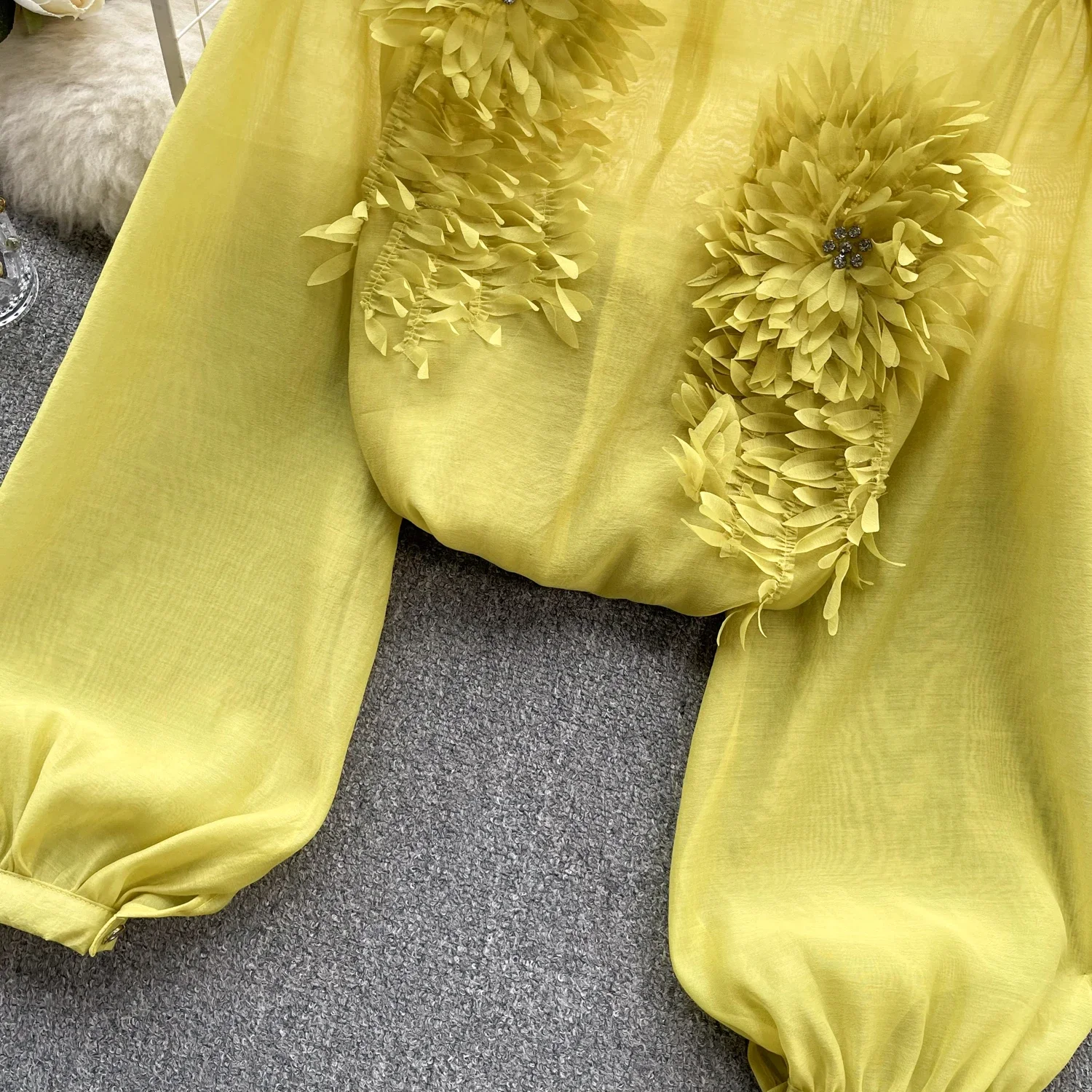 2024 3D Floral Spring Loose Satin Blouse Women O Neck Long Sleeves Sheer Bohemian Top Transparent Casual Shirt