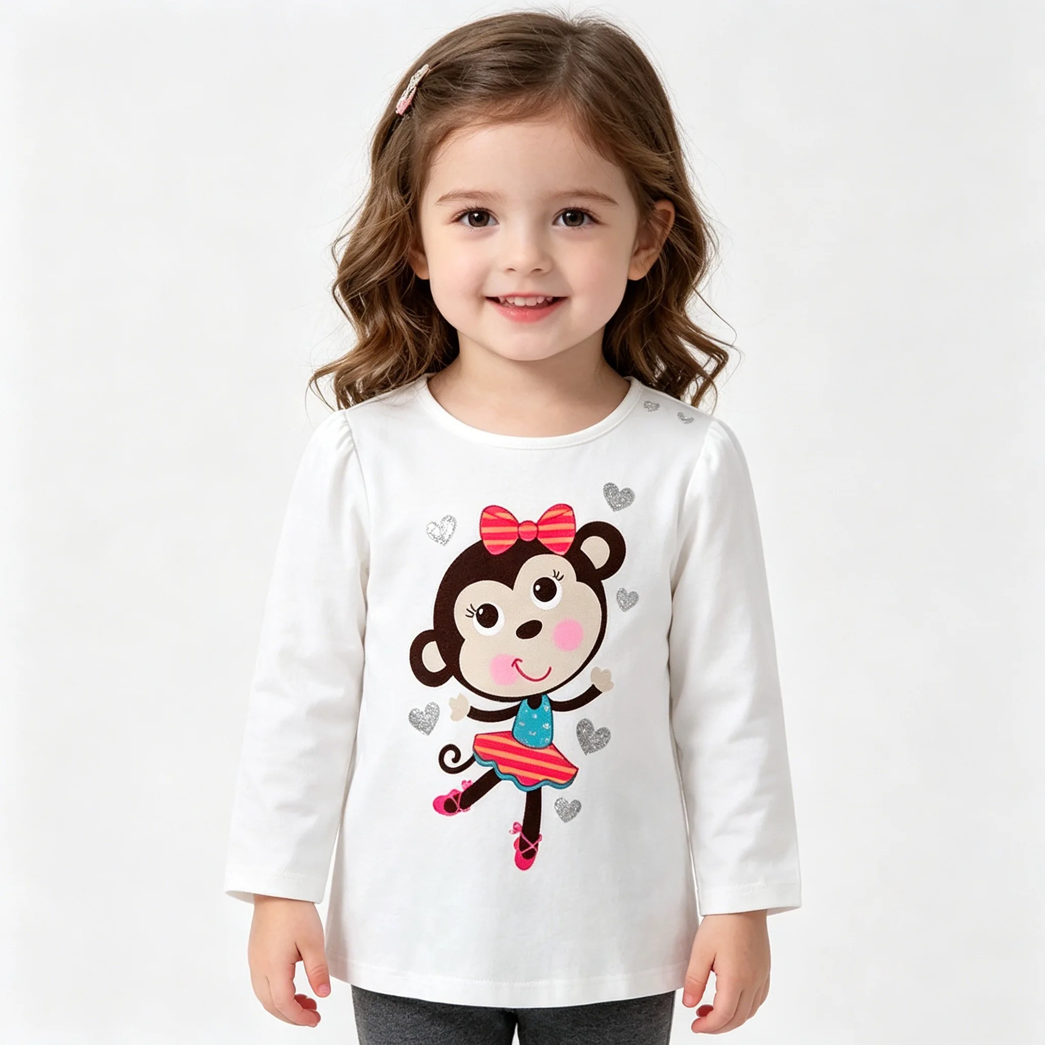 Cute Monkey Girls T-Shirts Cotton Long Blouse Baby Girl's Tee Shirt Toddler Sweatshirt Shirts 1-6Years Outfit Tops