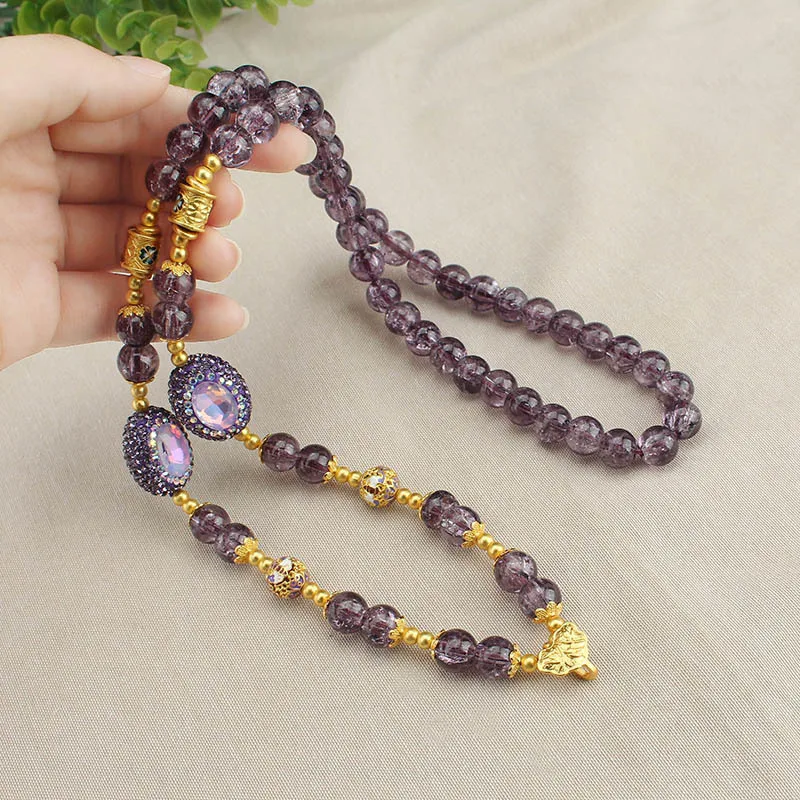 Tangka Anhänger Glas Imitation Amethyst Rosa Perle Frauen Mode Universal Haken Kette Halsketten Schmuck – Detail 2