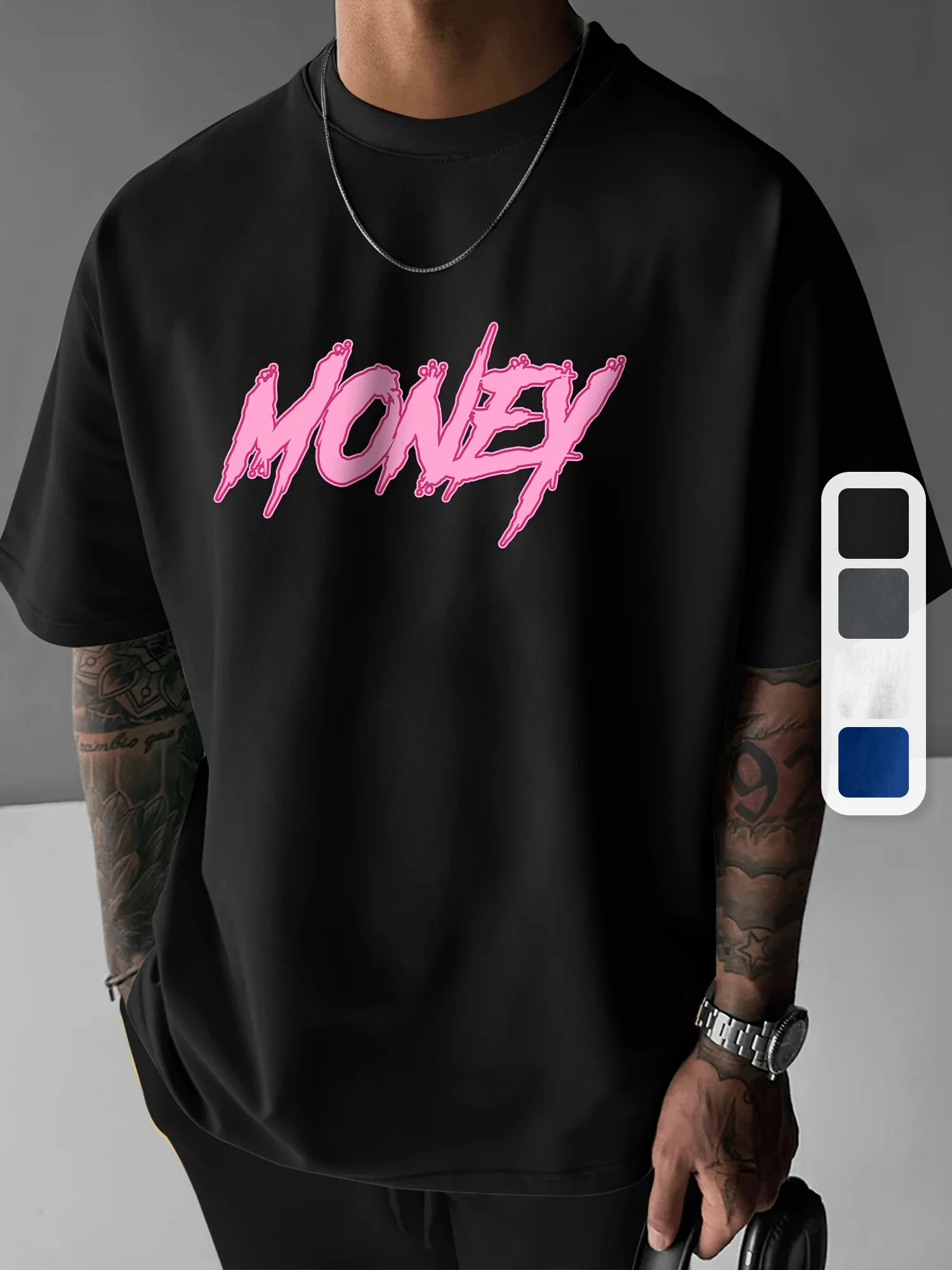 

Men'S "MONEY" Pink Letter Print Casual T-Shirt - Versatile Short Sleeve Crewneck, Stretch Fabric, Perfect for All Seasons