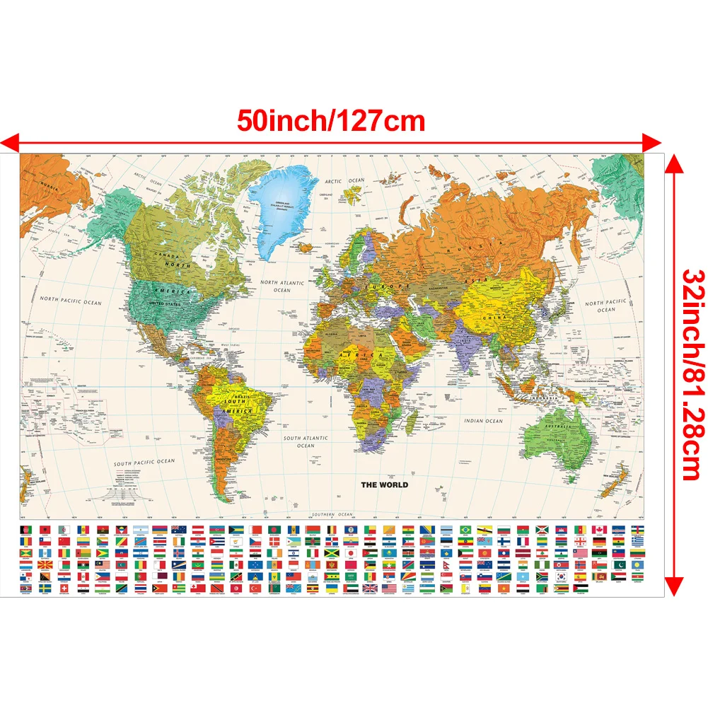 50x32 นิ้วผ้า World แผนที่การศึกษาไม่ทอสเปรย์ Frameless แขวนภาพโปสเตอร์ตกแต่งบ้านอุปกรณ์สํานักงานโรงเรียน