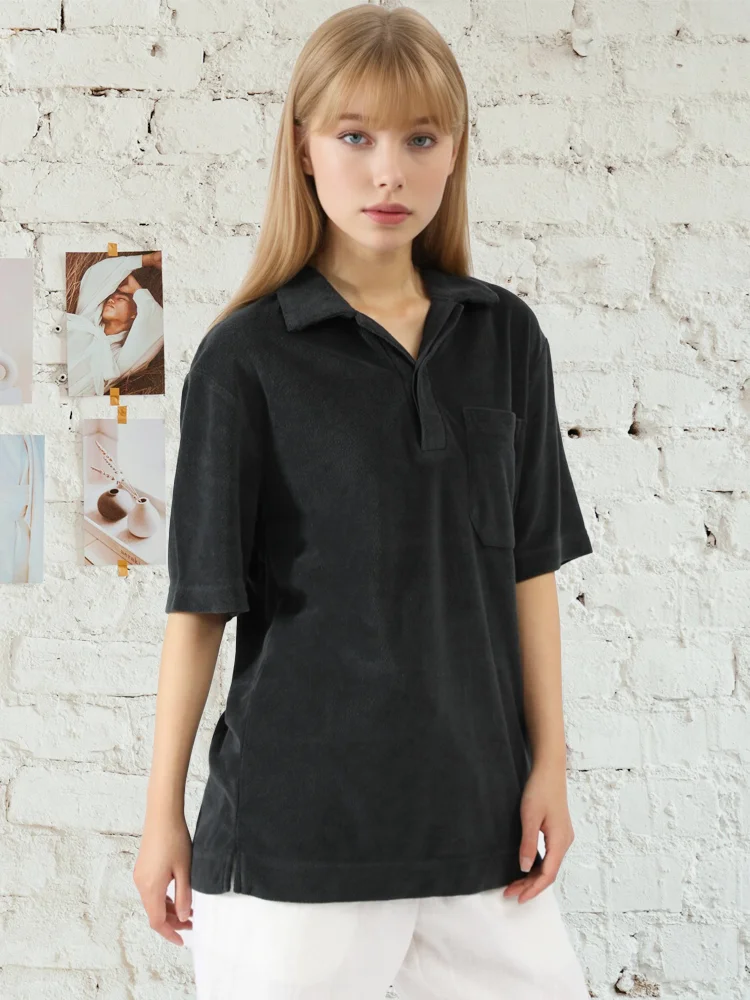 VNRY Men Terry Towel Pop Over Polo t Shirts with Pocket Summer Casual Short Sleeves Unisex Clothing Navy Blue  Women's Shirt