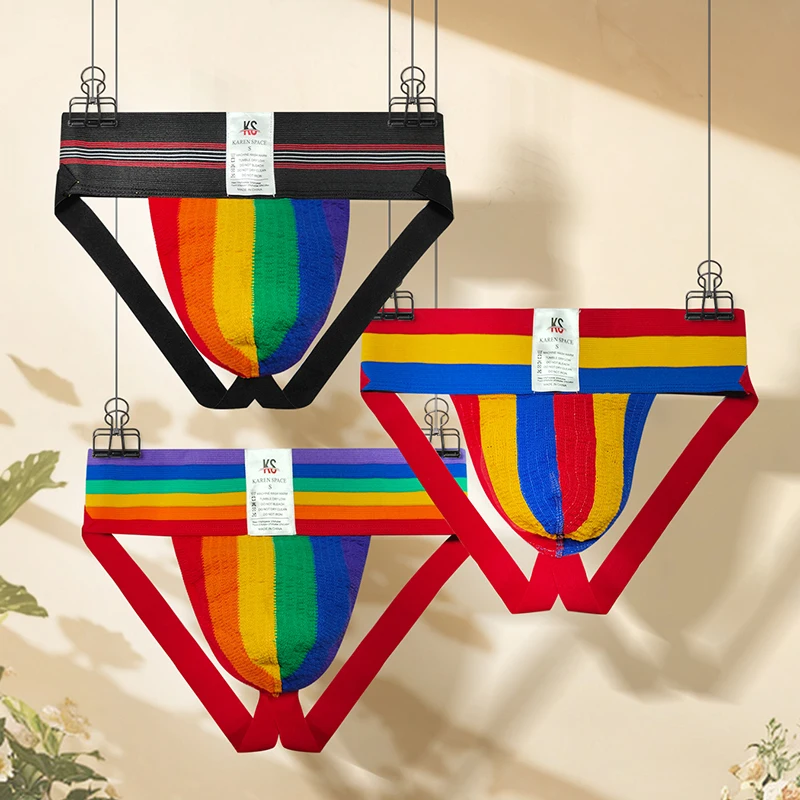 

Sexy Mens Underwear Lingerie Low Waist Mens Jockstrap Thongs Rainbow Pattern Printed Backless Panties