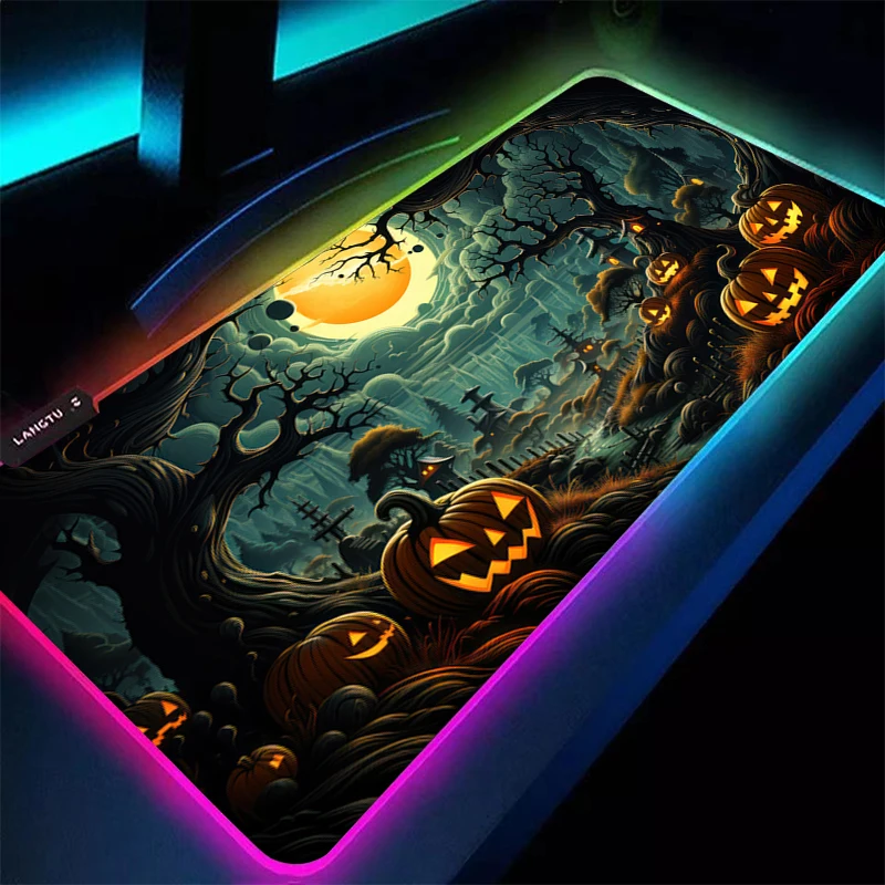 

HD Print Anime Mouse Pad RGB Computer Gamer Gaming Mousepad LED Luminous Keyboard Pad PC Halloween Pattern Terror Desk Mice Mat