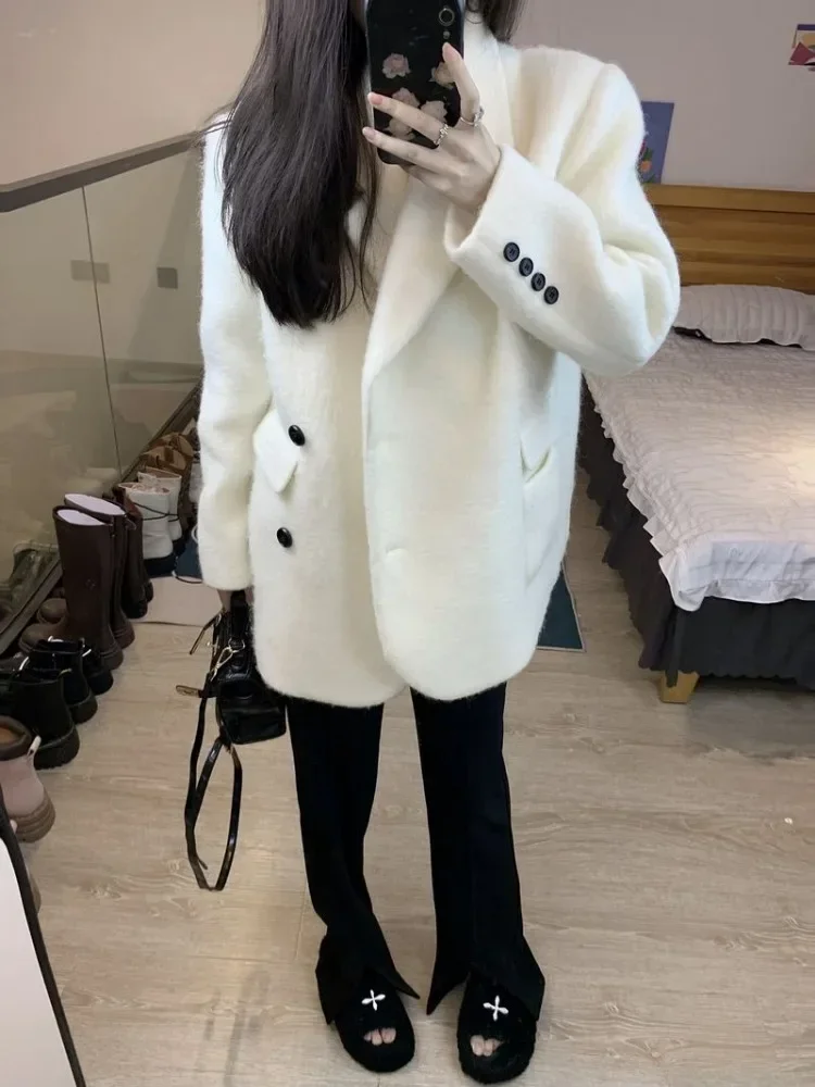 UNXX Winter New Wool Blazers Suit Collar Loose Long Sleeve White Coats Thickend Korean Fashion Button Cardigans Women Clothing