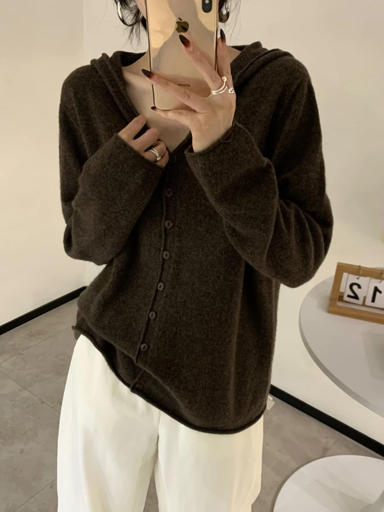 

Solid Color Basic Autumn Winter Women's Hooded Cardigan Soft Warm 100% Merino Wool Knitwear Casual Grace Sweater Female Clothing