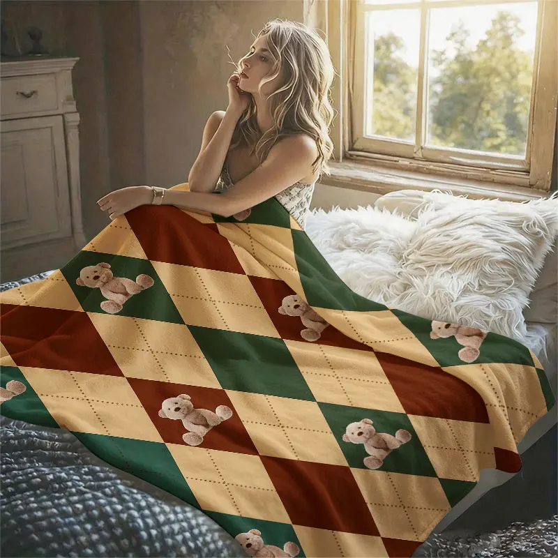 Teddy Bears Argyle Green Flannel Blanket Perfect for Sofa Office Bed Travel Sleep Read Relax Camping Four Season Use