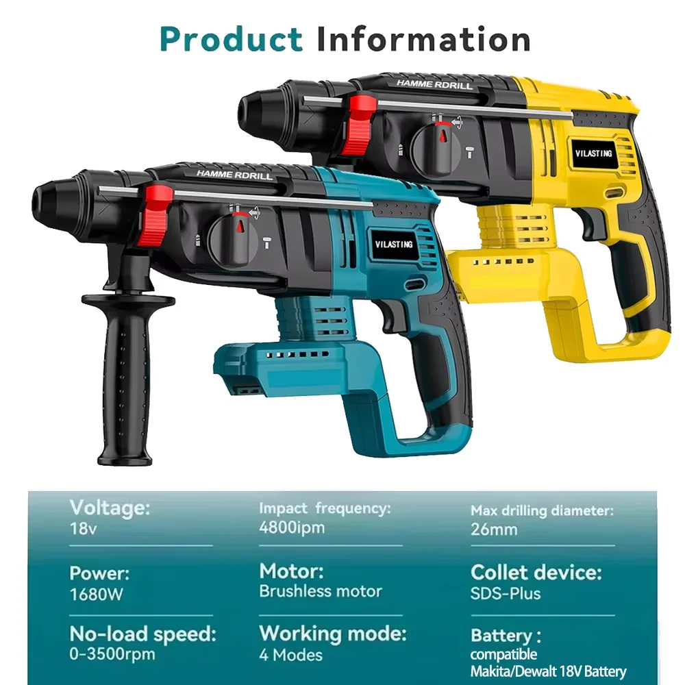 Makita/Dewalt – perceuse à percussion électrique sans balais, 26MM, multifonctionnelle, rotative, sans fil, outils électriques rechargeables, batterie 18V