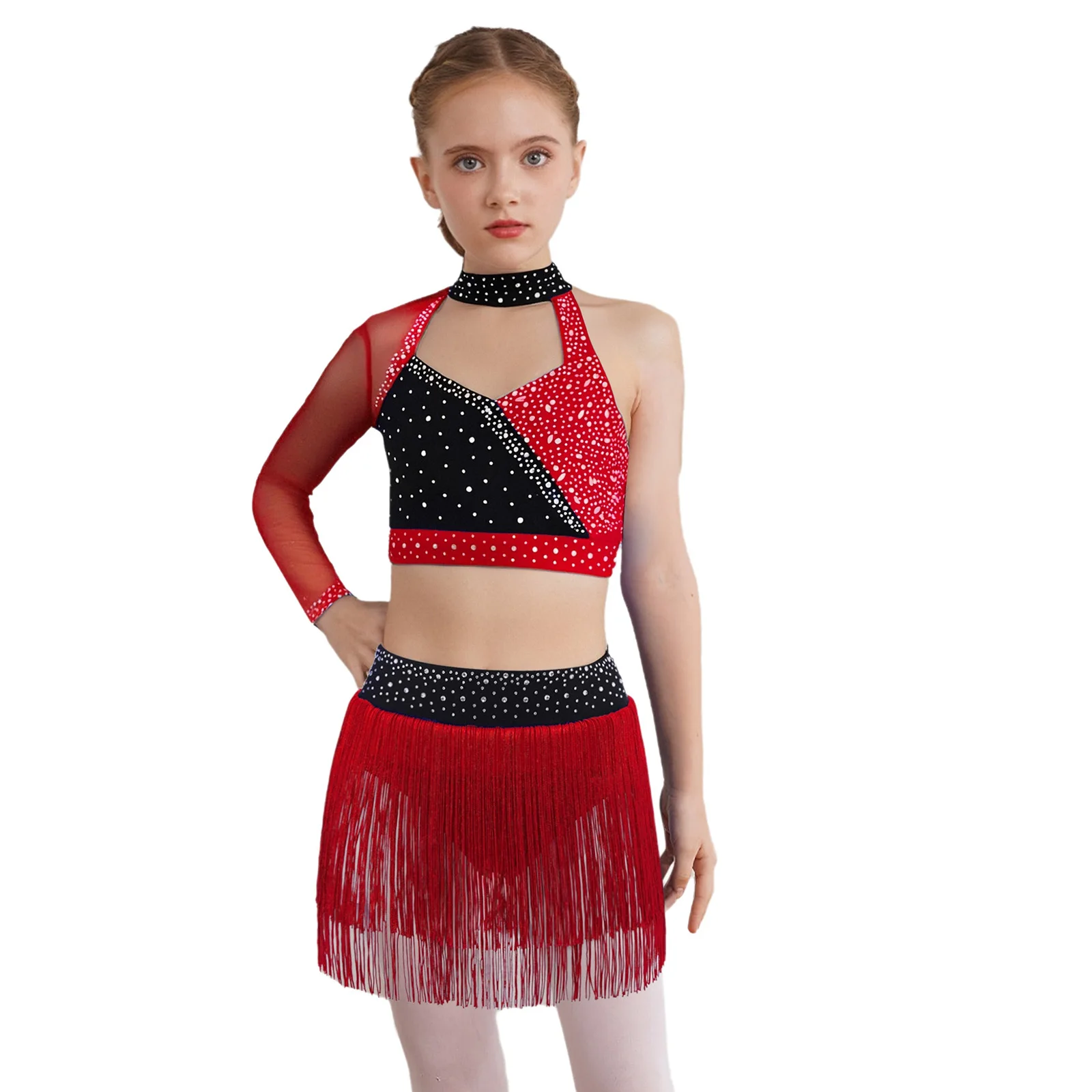 

Kids Girls Two-pieces Latin Cha-cha Dance Performance Costume Sheer Mesh Shiny Crop Top with Tassel Briefs Skirt Tango Dancewear