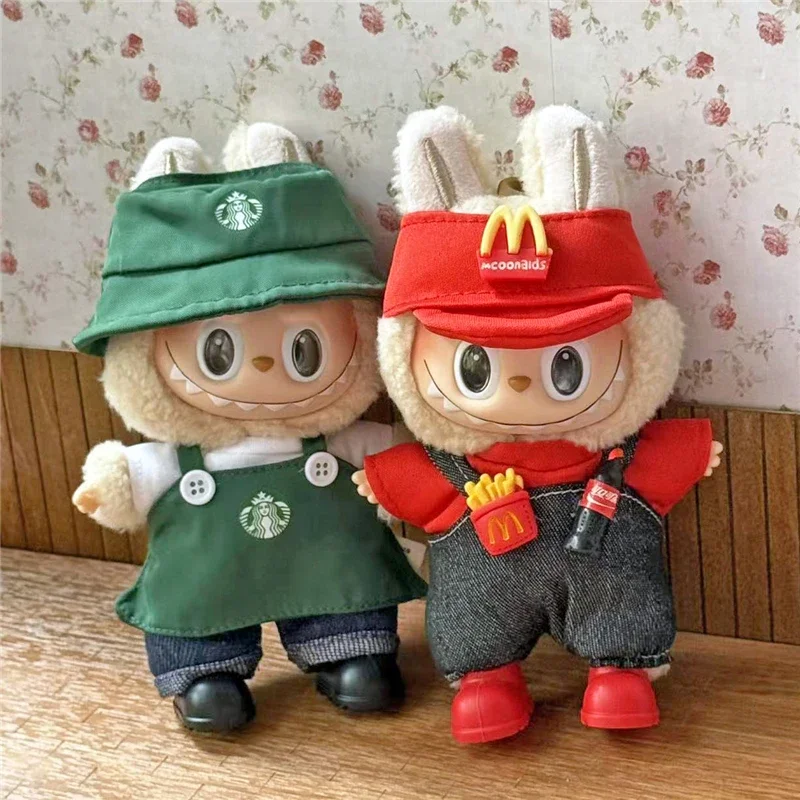 Ropa de trabajo, ropa para muñeca Labubu, comida rápida, patatas fritas, hamburguesas, delantal de café a la moda, accesorios de ropa para Cosplay