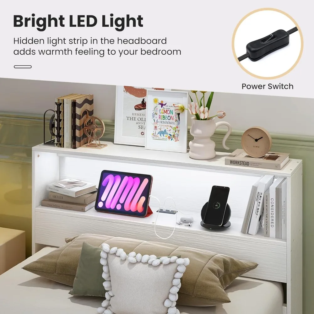 収納ヘッドボード、充電ステーション、LEDライト、スラットサポート付きの木製ツインサイズベッドフレーム