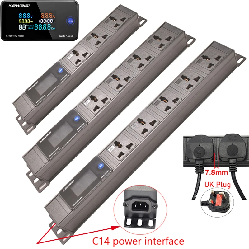 Rack Mount PDU Power Strip C14 interface Metal Sehll 2/3/4/5/6/7 Universal Socket Digital Ampermeter Voltmeter Ammeter