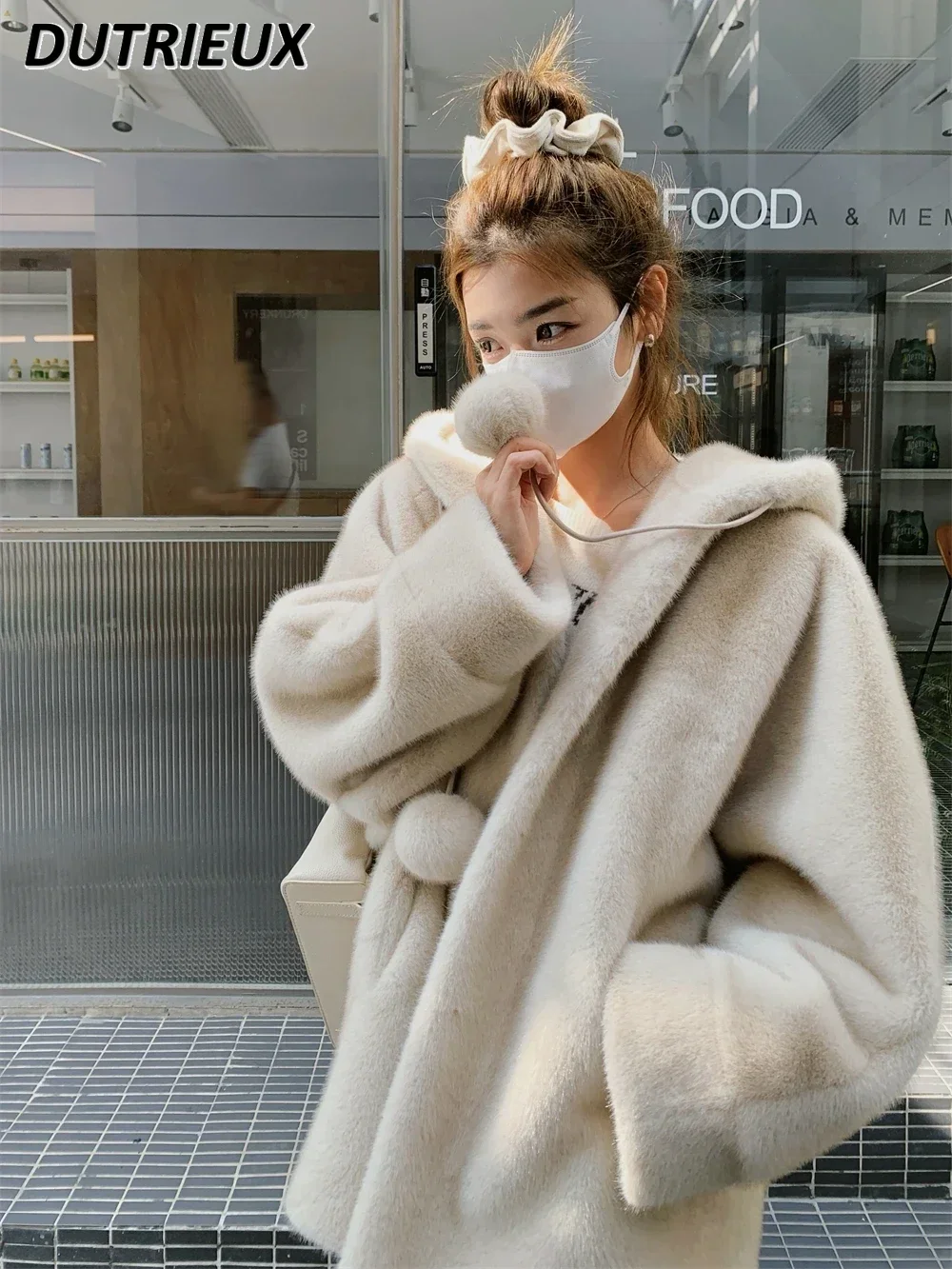 

Autumn Winter Thickened Sweet Hooded Mid-length Imitation Mink Fleece Coat Loose Fluffy Imitation Fur Solid Color Jacket