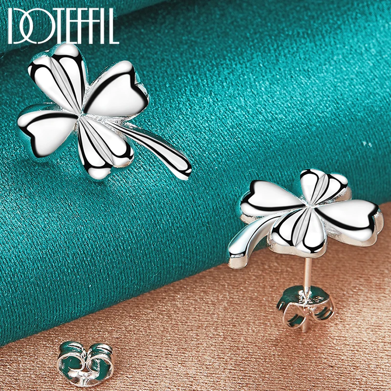 DOTEFFIL 925 Sterling Silver Four-Leaf Clover Stud Earring For Woman Fashion Charm Wedding Engagement Party Jewelry