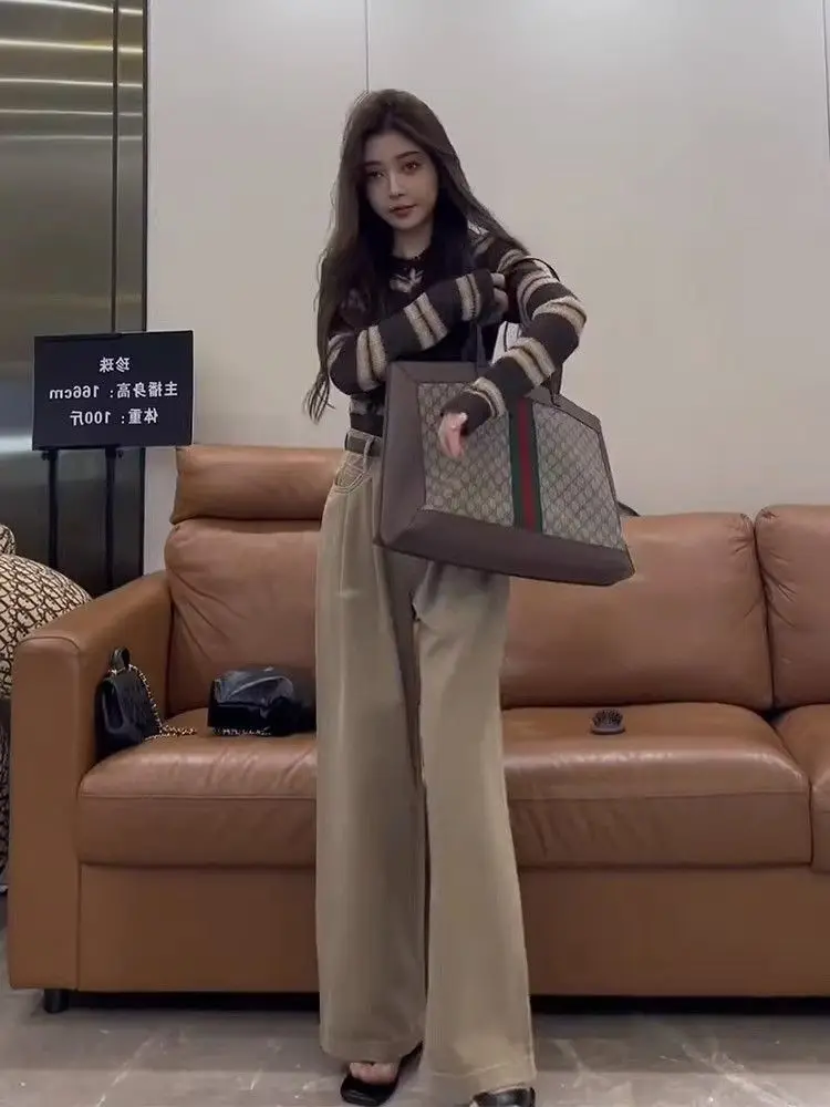 Autumn and winter casual fashion Hong Kong style small fragrance striped knitted cardigan sweater wide leg pants two-piece set