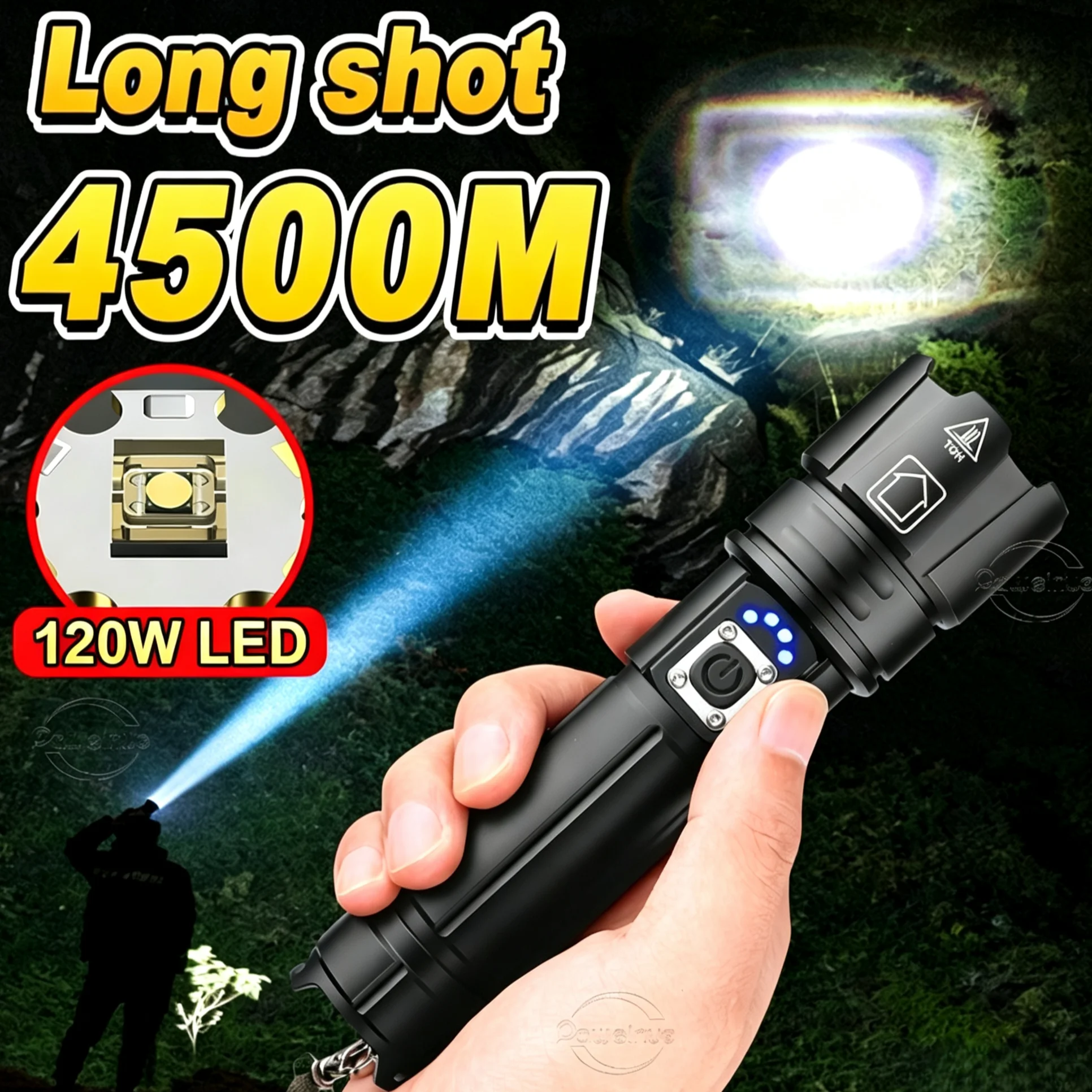 Long Shot 4500M LED Flashlight Portable Type-C Rechargeable Lamp Super Bright Tactical Flashlights Outdoor Fishing Camping Lamp